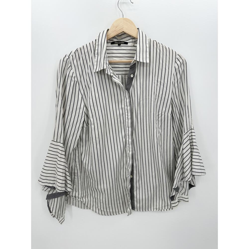 Kobi Halperin Womens Small Black White Striped Silk Cotton Flare Sleeve Shirt